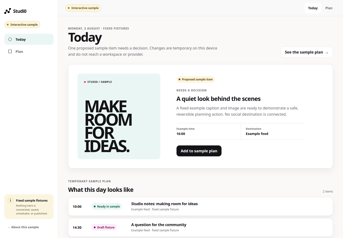 Actual Today sample with a content preview, a decision to make, and the example day’s plan